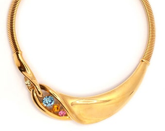 Vintage Givenchy Gold tone Collar Necklace with Pink and Blue Crystals