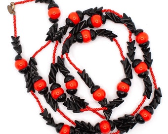 Miriam Haskell Red and Black Chevron Bead Necklace Signed