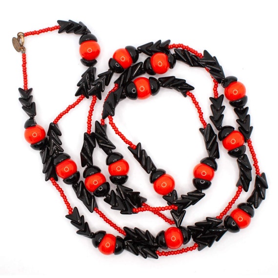 Miriam Haskell Red and Black Chevron Bead Necklac… - image 1