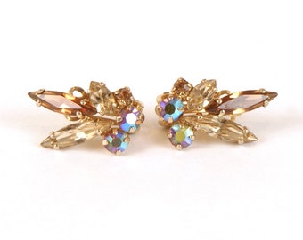 Vintage Swarovski Clip-on Earrings by Sherman Champagne and Blue Crystals