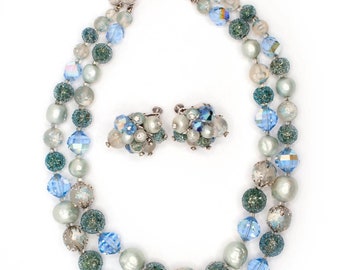 Vendôme Beaded Necklace and Earrings Set Demi Parure Blue and Aqua