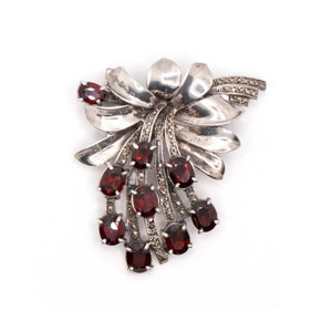 Silver and Marcasite Garnet Paste Bow Brooch Pendant