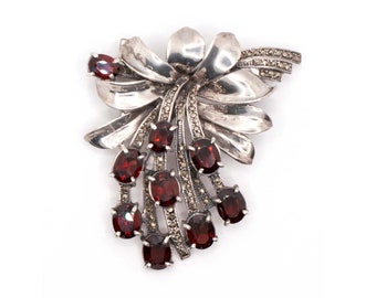 Silver and Marcasite Garnet Paste Bow Brooch Pendant