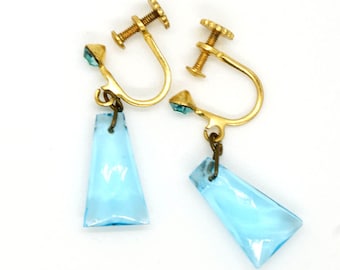 Vintage 1950s Blue Glass Screw Back Earrings