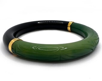 Vintage Givenchy Green and Black Carved Bangle Bracelet Like New with Tag