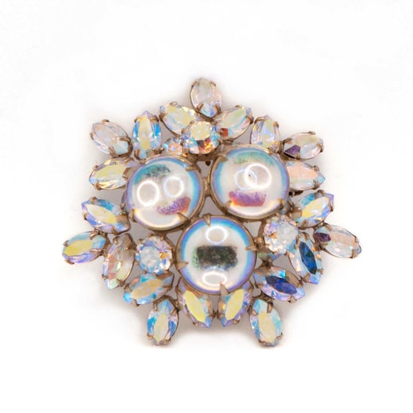 Vintage Sherman Crystal Brooch Snowflake Shaped Iridescent Aurora Borealis Coating