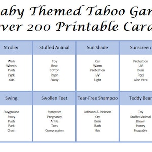 May include: A printable baby-themed taboo game with over 200 cards. The cards are divided into categories such as stroller, stuffed animal, sun shade, sunscreen, swing, swollen feet, tear-free shampoo, and teddy bear. Each category has a list of words related to the theme.