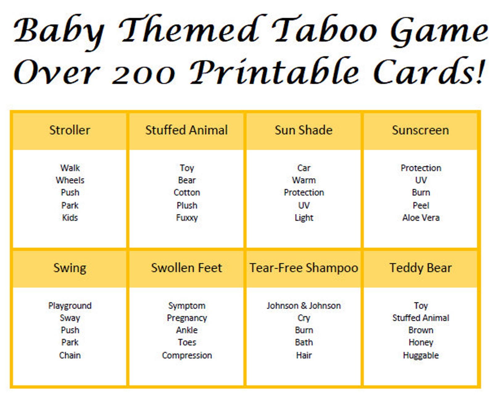 Baby Taboo Game yellow, Printable Baby Shower Game, Digital, Instant