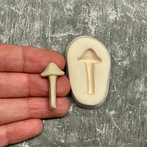 Peut inclure: Un moule en silicone blanc pour faire des décorations en forme de champignon. Le moule est présenté à côté d'un champignon fini fabriqué à partir du moule.