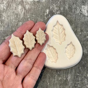 May include: A hand holds three beige holly leaf-shaped decorations next to a white silicone mold with matching leaf impressions. The leaves have detailed veining and a textured surface. The mold has four leaf impressions.