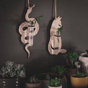 以下が含まれることがあります： 蛇と猫の形をした木製の壁掛け植物ホルダー2つ。それぞれに小さな植物を入れるためのガラス製の試験管が付いています。ホルダーは複雑なデザインで飾られています。手前に鉢植えの多肉植物がいくつかあります。