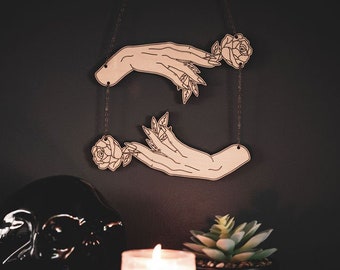 Witchy Wall Decor, Wooden Hands with Roses Hanging Art –Choose your size - Gifts for Witches