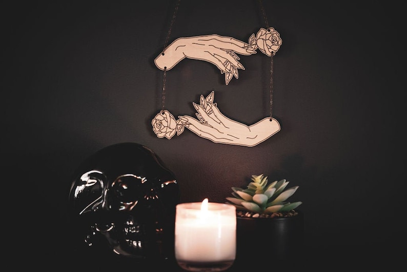 Engraved Wooden Hands with Roses Wall Hanging - Witchy Decor