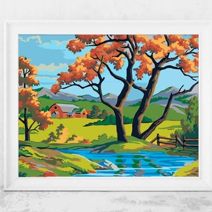 Red tree on a Countryside Acrylic Painting Home Decor Paint By Numbers Painting Kit Painting By Numbers Adults Painting DIY Kit JD0415