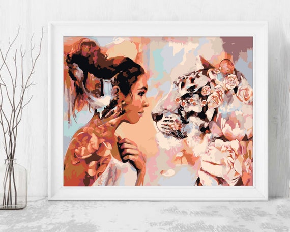Peinture numérotée florale fille et tigre pour adultes Belle peinture  acrylique sur toile, peinture personnalisée, décoration murale à l'huile  JD0405 -  France