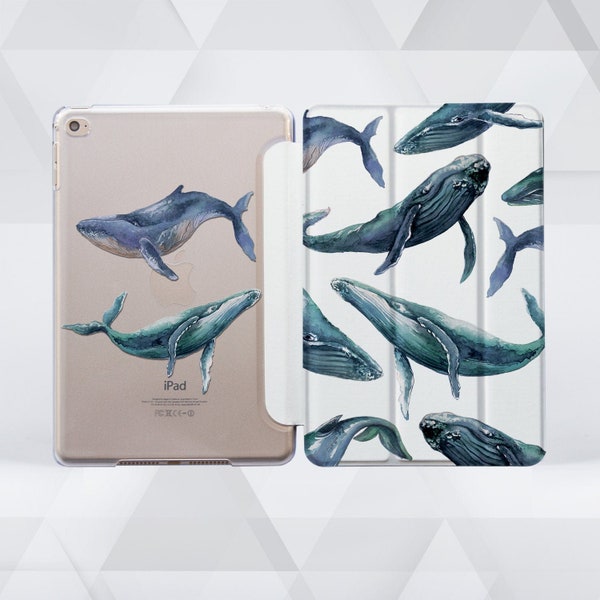 Blue Whales Pattern 6th Gen iPad Mini Cover iPad Pro 12.9 Smart Cover iPad Pro 11.4 Hard Back Case iPad 10.2 Case iPad 8 Gen Case 3C4106