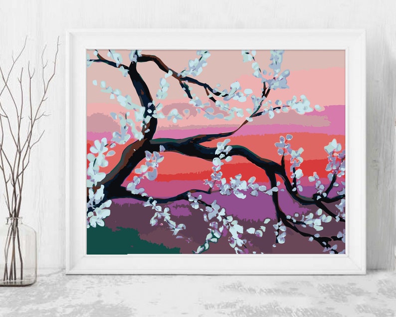 Cherry In Blossom Landscape Sunset Art Painting By Numbers