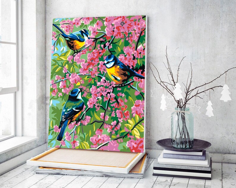 Frühling Vögel malen nach Zahlen DIY Kit Malerei nach