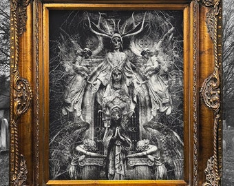 May include: A black and white framed print of a gothic-style image featuring a figure with antlers and a crown, surrounded by other figures. The print is framed in a gold ornate frame.