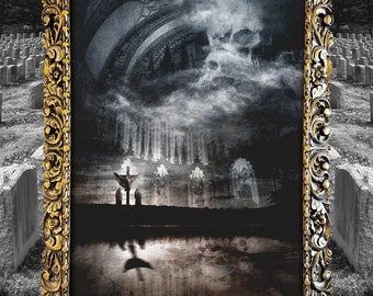 Dark Cathedral Art Print, Surreal Landscape Wall Decor, Skull Cemetery Horror Art