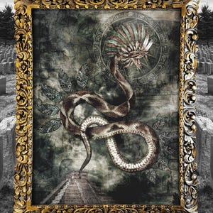 May include: A framed artwork featuring a detailed illustration of a serpent with a feathered headdress. The artwork is set against a backdrop of a Mesoamerican pyramid and a circular design. The ornate gold frame adds a touch of elegance to the piece.