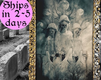 Dark Moody Art Print, Gothic Feminine Cemetery Wall Print, Surreal Macabre Digital Art