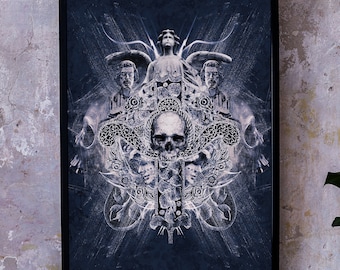 Donkere abstracte esthetische kunstprint, gotische schedel horror decoratie voor thuis of op kantoor, begraafplaatsbeelden kunst, memento mori, heksenachtige cadeaus