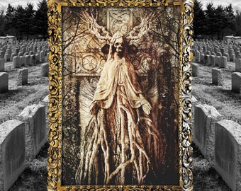 Natur-Wald-Horror-Kunstdruck für die Wanddekoration, makaber-surreale dunkle Wanddeko, surreale Friedhofsstatue, Horror-Geschenke