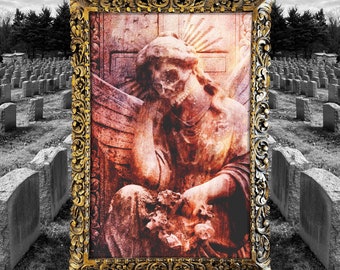 May include: A framed artwork featuring a distressed, sepia-toned image of a skeletal angel statue. The ornate gold frame contrasts with the grayscale cemetery background, creating a gothic and somber aesthetic.