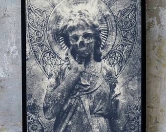 Cemetery Angel Statue Art Print, Dark Gothic Macabre Wall Decor for Home or Office, Memento Mori Horror Art, Surreal Fantasy Art