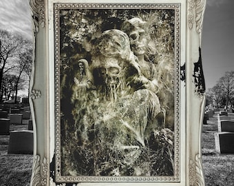Duistere, gotische horror muurdecoratie voor thuis of op kantoor, schedel, skelet, begraafplaats kunstprint, memento mori, duistere gotische surrealistische kunst, horror cadeaus