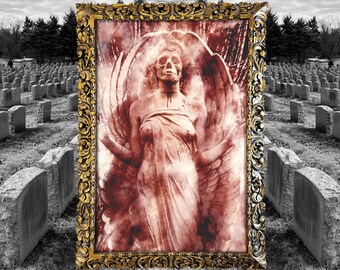 Stampa gotica di arte oscura / Decorazione murale con statua di angelo gotico / Stampe d'arte fantasy oscura macabra / Decorazione gotica con teschio stregonesco