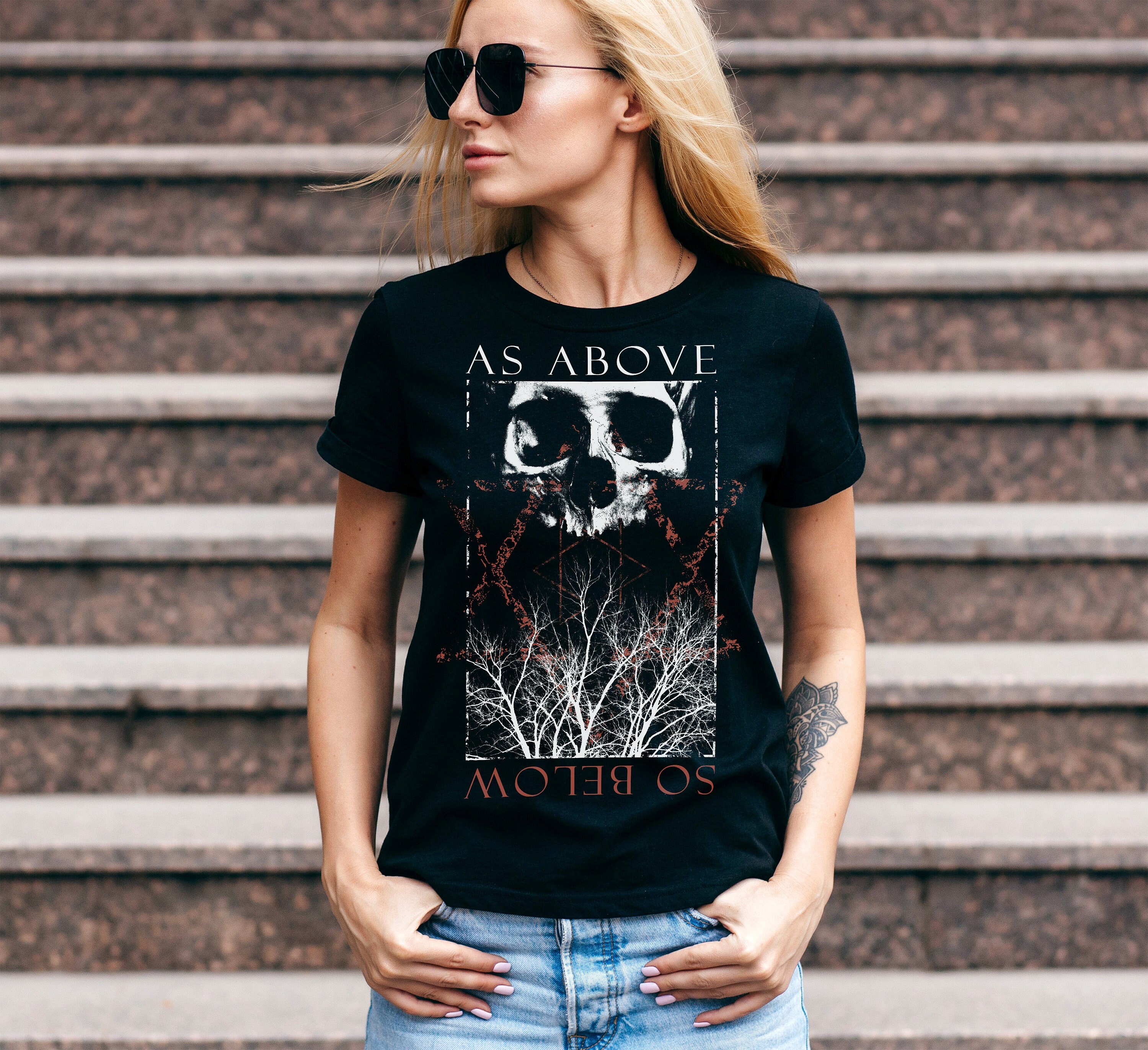 Memento Mori Skull Witchy T Tee Shirt, Witchy Gothic Alternative Clothing, Goth Pentagram Satanic Shirt, Goth Gift