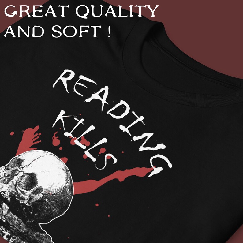 May include: Black t-shirt with a white graphic of a skull and the text "Reading Kills". The skull is surrounded by red splatters.
