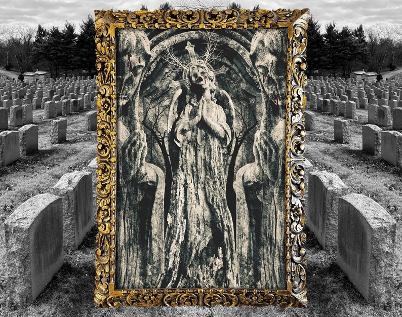 May include: A framed black and white image of a figure with a crown of thorns, standing in a woodland setting. The figure is surrounded by two other figures, and the image is set against a backdrop of a graveyard.