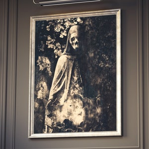 Pu&ograve; includere: Una fotografia in bianco e nero di una figura scheletrica che indossa una tunica con cappuccio, in piedi in un giardino buio e ricoperto di vegetazione. Il viso della figura &egrave; nascosto dal cappuccio, ma il cranio &egrave; visibile. La fotografia &egrave; incorniciata in una cornice argentata.