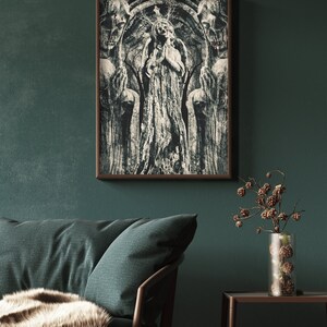 May include: A black and white digital art print of a woman with a crown of thorns standing in a gothic archway. The woman is surrounded by trees and the background is a dark, textured pattern.