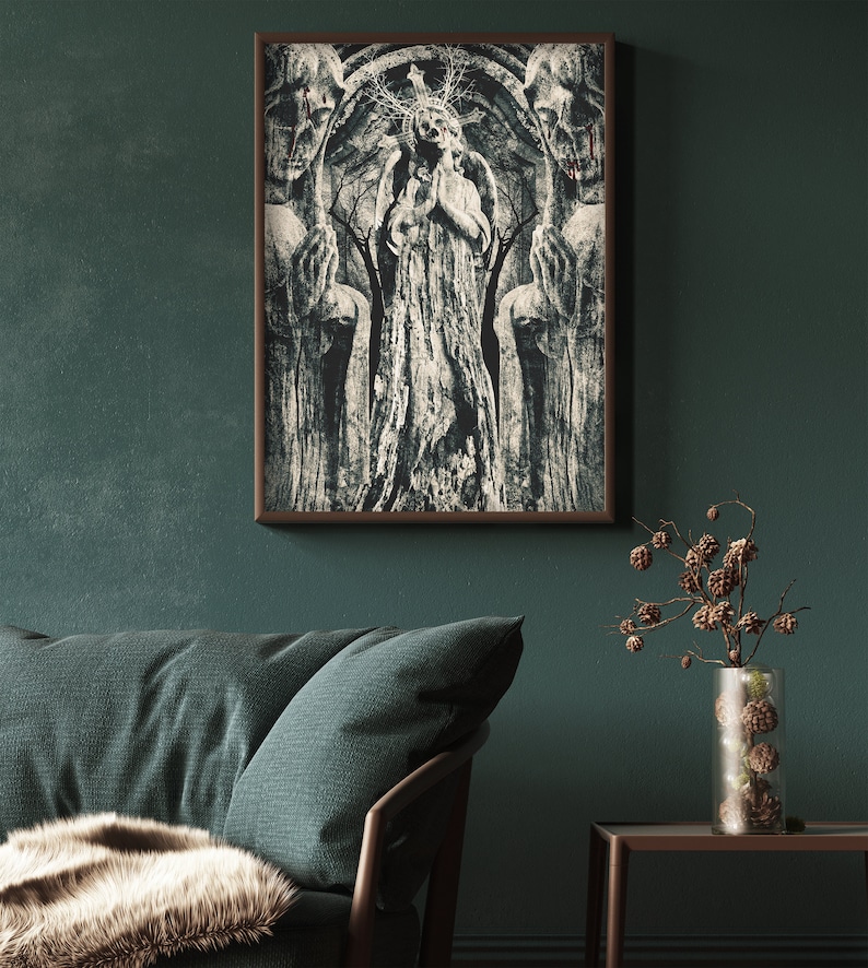 May include: A black and white digital art print of a woman with a crown of thorns standing in a gothic archway. The woman is surrounded by trees and the background is a dark, textured pattern.