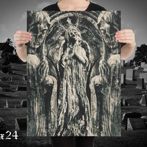 May include: A black and white gothic style print of an angel with a crown of thorns, standing in a stone archway with two other figures on either side. The angel is praying with its hands clasped together. The background is a dark forest with a cross in the centre.