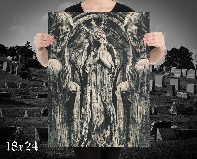 May include: A black and white gothic style print of an angel with a crown of thorns, standing in a stone archway with two other figures on either side. The angel is praying with its hands clasped together. The background is a dark forest with a cross in the centre.