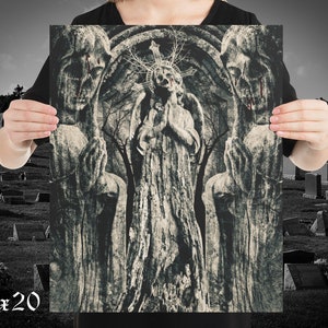 May include: A black and white gothic style print of three stone figures with a distressed look. The figures are standing in front of a dark background with a tree in the centre. The figures have a skeletal appearance with a cross on the head of the centre figure.