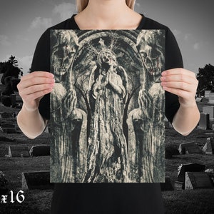May include: A black and white gothic style print of a figure with a crown of thorns standing in front of two figures with their hands clasped in prayer. The figures are in a dark, shadowy setting.