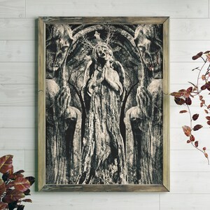 May include: A framed black and white illustration of a figure with a crown of thorns, surrounded by two figures with their faces obscured. The figures are standing in a forest setting.