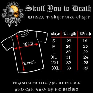 May include: Unisex t-shirt size chart with measurements in inches. The chart shows the length and width of the shirt in inches for sizes S, M, L, XL, 2XL, and 3XL.