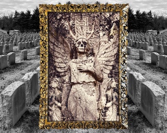 Donkere gotische macabere engel standbeeld kunst aan de muur print, donkere surrealistische fantasy horror posters, donkere gotische griezelige enge decor