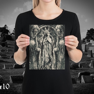 May include: A black and white photograph print of a stone sculpture depicting three figures. The figures are standing in a row, with the central figure being the tallest. All figures are wearing long robes and have their heads bowed. The sculpture is set against a backdrop of a stone archway.