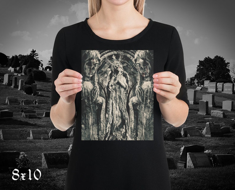 May include: A black and white photograph print of a stone sculpture depicting three figures. The figures are standing in a row, with the central figure being the tallest. All figures are wearing long robes and have their heads bowed. The sculpture is set against a backdrop of a stone archway.