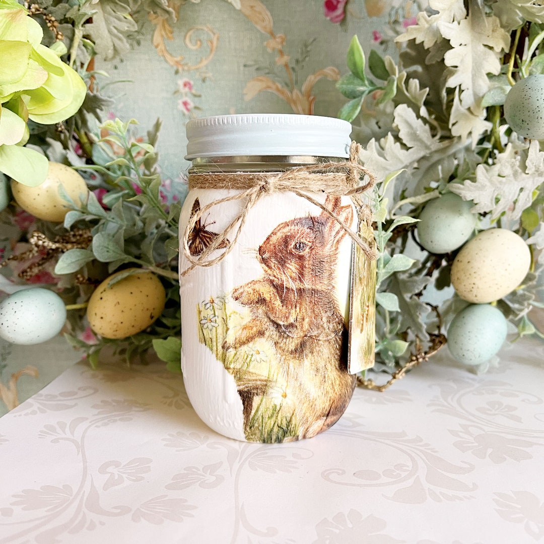 Farmhouse Spring Brown Rabbit / Bunny Decoupaged Pint Ball Mason Jar ...