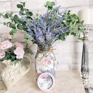 Farmhouse Spring Florals Decoupaged Quart Ball Mason Jar Heart Wood Gift Tag Matching Lid Cottage Shabby Chic Pink Roses Easter Hydrangeas