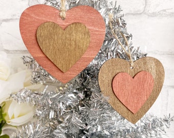 Farmhouse Wood Valentine's Hearts Ornaments 2 to Choose From Red & Brown Stain Gift Tags Knob Hangers Country Cottage Rustic Jute Neutral